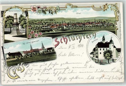 Schlüchtern 1900 Weitzel Denkmal Kgl. Lehrer Seminar Rathaus bahnpost Eisenach - Frankfurt Main Zug 893