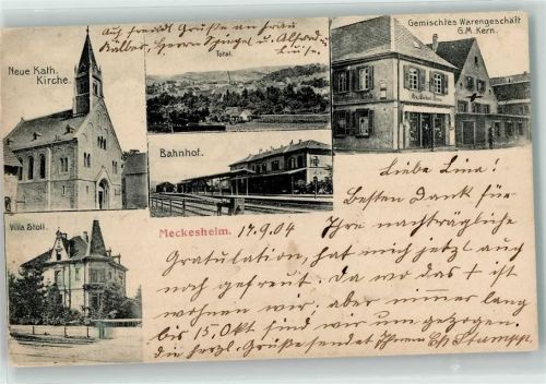 Meckesheim 1904 Neue Kath. Kirche Bahnhof Villa Stoll Gemischtes Warengeschäft G. M. Kern