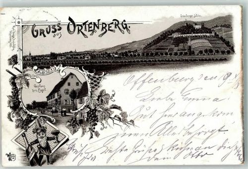 77799 W7601 Ortenberg , Baden 1898 Lithographie Schloss Gasthaus Zum Engel Zwerk Weinflasche Weissherbst