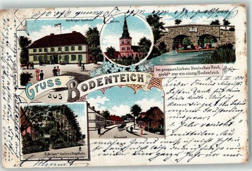 29389 W3123 Bodenteich 1900 Gebrauchsspuren Otto Krügers Gasthaus Kirche Auebrücke Neustadt Lithographie