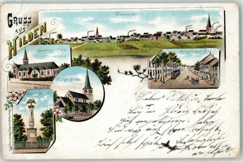 40721 W4010 Hilden Gebrauchsspuren Kath. Kirche Ev. Kirche Kriegerdenkmal Mittelstraße Straßenbahn Lithographie