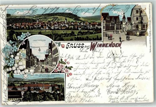 71364 W7057 Winnenden , Württ 1901 Lithographie Marktbrunnen Hauptstraße Kgl. Heilanstalt Winnethal Schlosskirche