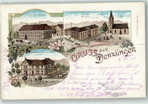 79211 W7819 Denzlingen 1903 Lithographie Gasthaus Zum grünen Baum Schulhaus Kirche Bahnhofsgaststätte Zum grünen Baum