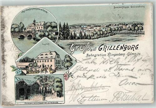 01737 O8211 Grillenburg 1898 Lithographie Kgl. Oberforstmeisterei Brücke Gasthaus Pferdeschlitten