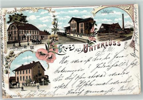 Unterlüß 1898 Aubachs Gasthaus H. Hubach Kaiserl. Postamt Hubach'sches Dampfsägewerk Bahnhof Lithographie