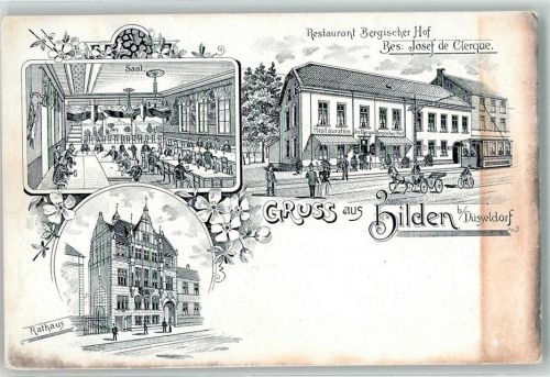 Hilden Gasthaus Bergischer Hof Josef de Clerque Rathaus Straßenbahn Lithographie