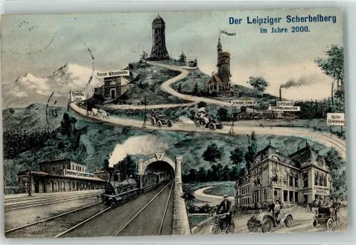 O7000 Leipzig Bahnhof Scherbelberg Eisenbahn Automobile Motorrad Zukunft 1906 Künstlerkarte