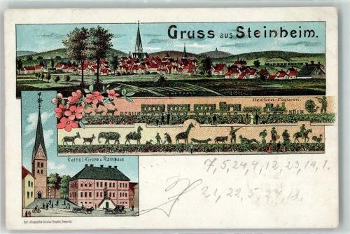 32839 W4939 Steinheim , Westf 1901 Lithographie Hecken-Figuren Kath. Kirche Rathaus Bahnpost Hannover - Altenbeken