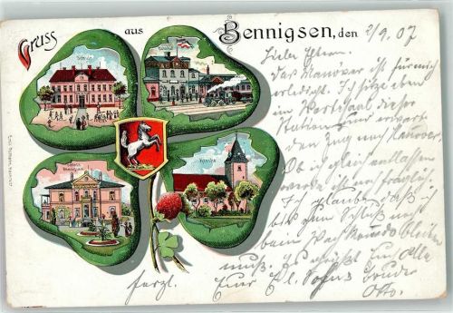 31832 W3257 Bennigsen 1907 Lithographie Vierblättriges Kleeblatt Wappen Bahnhof Schule Schloss Kirche Bahnpost Hannover - Altenbeken Zug 505