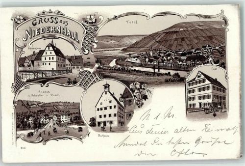 Niedernhall Götzenhaus Fabrik Schaufler und Wundt Rathaus Post Lithographie