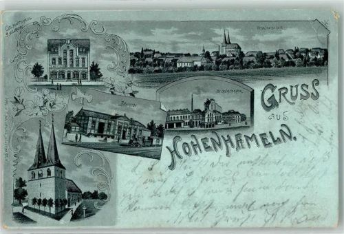 31249 W3156 Hohenhameln 1902 Gebrauchsspuren Geschäftshaus S. Hellrung Zuckerfabrik Bahnhof Eisenbahn Kirche Lithographie