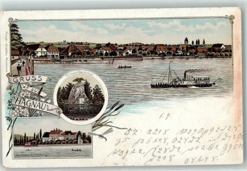 88709 W7759 Hagnau am Bodensee 1901 Gebrauchsspuren Kriegerdenkmal Raddampfer Schloss Kirchberg Schilf Lithographie