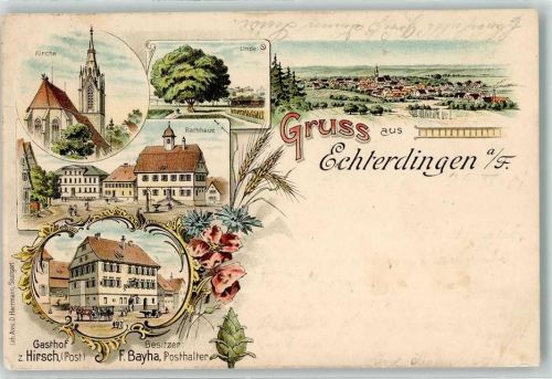 70771 W7022 Echterdingen 1901 Gebrauchsspuren Kirche Linde Rathaus Gasthaus Zum Hirsch Post F. Bayha Posthalter Lithographie