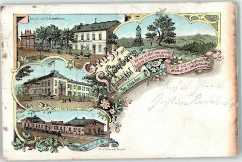 08648 O9932 Schönberg b Adorf, Vogtl 1900 Lithographie Bahnhofshotel Konzertgarten A. Rich. Eger Herrenhaus Bahnhof Eisenbahn Aussichtsturm Stelzenbaum