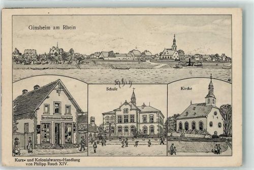 65462 W6095 Ginsheim-Gustavsburg - Kurz- und Kolonialwaren-Handlung Philipp Rauch Schule Kirche Rheinschiff