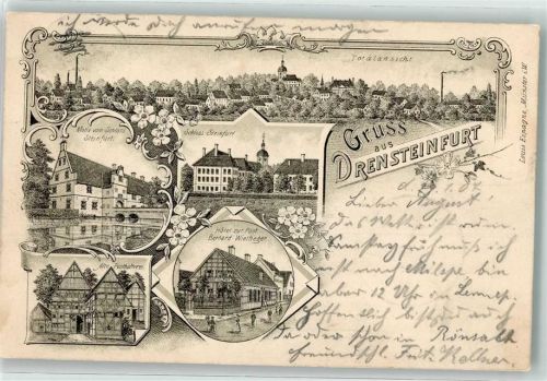 48317 W4406 Drensteinfurt 1907 Lithographie Schloss Steinfurt Alte Posthalterei Hotel Zur Post Bernard Wietheger