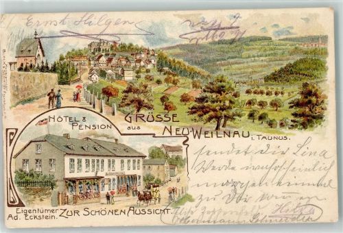61276 W6395 Neuweilnau 1905 Lithographie Hotel Pension Zur schönen Aussicht Ad. Eckstein