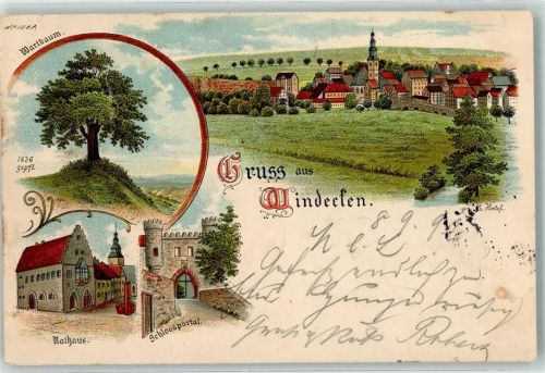 61130 W6369 Windecken 1897 Gebrauchsspuren Wartbaum Rathaus Schlossportal Lithographie