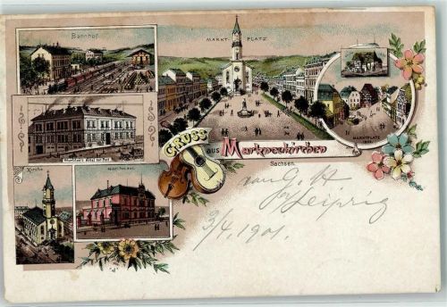 08258 O9659 Markneukirchen 1901 Lithographie Bahnhof Marktplatz Wurlitzers Hotel Zur Post Kirche Kaiserl. Postamt Gitarre Geige