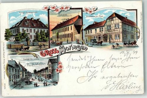 37186 W3413 Moringen 1899 Lithographie Kgl. Amtsgericht Domaine Gasthaus Zur Post Lange Straße