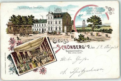 08648 O9932 Schönberg b Adorf, Vogtl 1904 Lithographie Bahnhofshotel Konzertgarten A. Rich. Eger Aussichtsturm Stelzenbaum