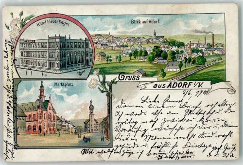 08626 O9930 Adorf , Vogtl 1900 Lithographie Hotel blauer Engel Marktplatz