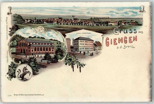 89522 W7928 Giengen an der Brenz Lithographie Turnhalle Latein- und Real-Schule Einhorn