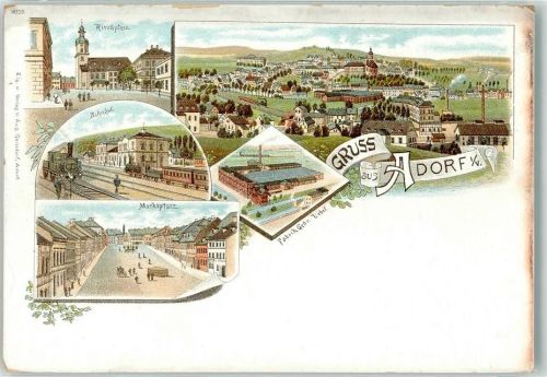 08626 O9930 Adorf , Vogtl Lithographie Kirchplatz Bahnhof Eisenbahn Marktplatz Fabrik Gebr. Ueber