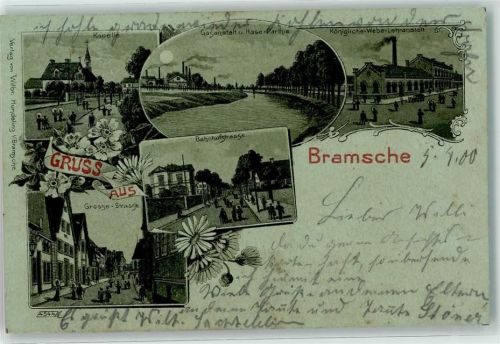 49565 W4550 Bramsche , Hase 1900 Lithographie / Mondschein Kapelle Gasanstalt Kgl. Webe-Lehranstalt Bahnhofstraße Große Straße