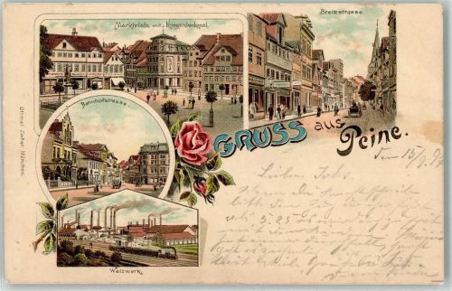 31224 W3150 Peine 1897 Lithographie Marktplatz Kriegerdenkmal Breitestraße Bahnhofstraße Walzwerk Eisenbahn Fabriken