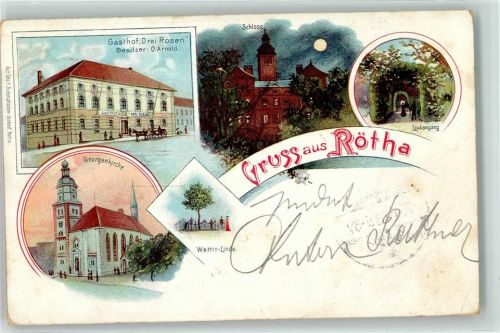 04571 O7209 Rötha 1903 Lithographie / Mondschein Gasthaus Drei Rosen O. Arnold Georgenkirche Wettin-Linde Schloss Laubengang