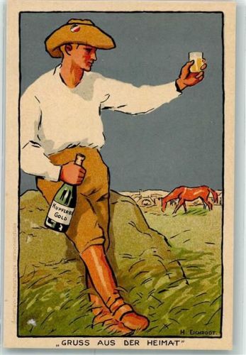 Gruss aus der Heimat sign H. Eichrodt Kupferberg Gold Pferd Sekt