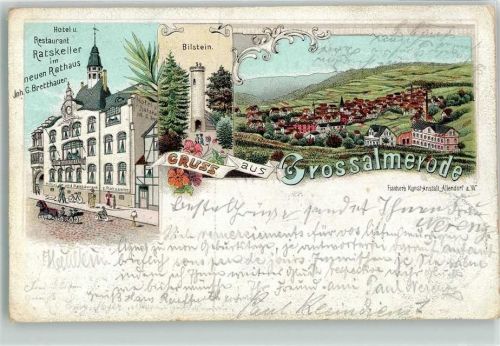 37247 W3432 Großalmerode Lithographie Hotel Gasthaus Ratskeller im neuen Rathaus G. Bretthauer Bilstein