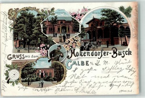 39240 O3310 Calbe 1900 Lithographie Gasthaus Hokendorfer-Busch Saaleingang Veranda Schiesshalle Jäger