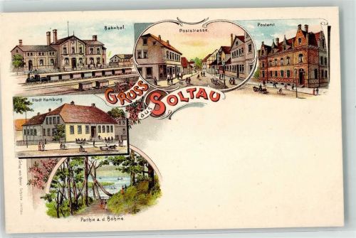 29614 W3040 Soltau Lithographie Bahnhof Poststraße Postamt Gsthaus Stadt Hamburg Böhme