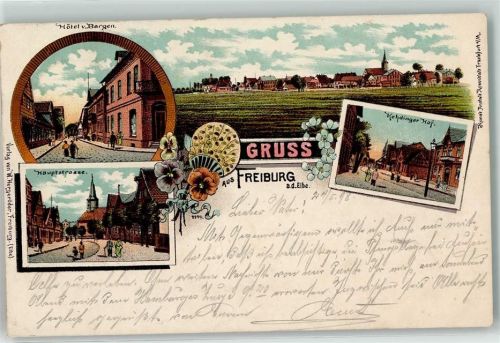 21729 W2163 Freiburg Elbe 1898 Lithographie Hotel v. Bargen Kehdinger Hof Hauptstraße