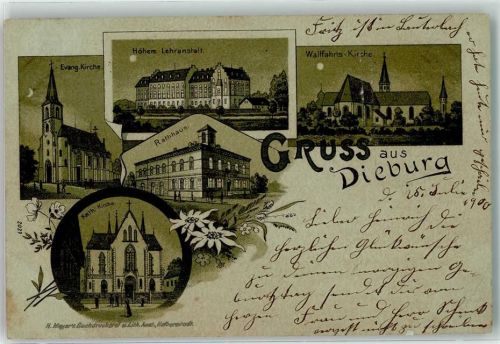 Dieburg 1900 Ev. Kirche Kath. Kirche Höhere Lehranstalt Wallfahrts-Kirche Rathaus