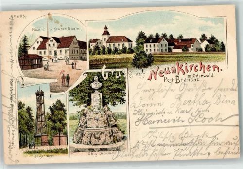 64397 W6101 Neunkirchen , Odenw 1897 Lithographie Gasthaus Zum grünen Baum Kaiserturm Ohly-Denkmal