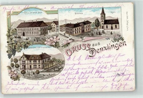 79211 W7819 Denzlingen 1905 Lithographie Gasthaus Zum grünen Baum Schulhaus Kirche Bahnhofswirtschaft