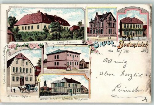 29389 W3123 Bodenteich 1899 Lithographie Amthof Gasthaus Ad. Brammer Poorthaus Geschäftshaus der Müller'schen Buchhandlung & Photogr. Anstalt Schule Post Postkutschw