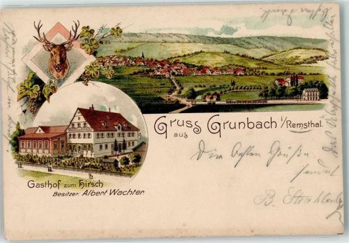 73630 W7064 Grunbach , Rems 1901 Lithographie Gasthaus Zum Hirsch Albert Wachter