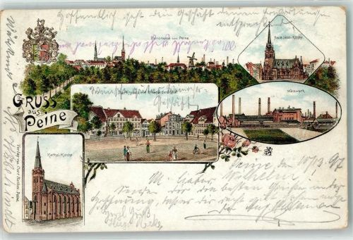 31224 W3150 Peine 1897 Lithographie Neue Jacobi Kirche Walzwerk Marktplatz Kriegerdenkmal Kath. Kirche