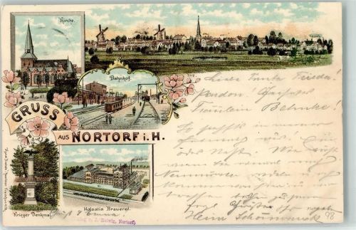 Nortorf 1898 Kirche Windmühle Bahnhof Kriegerdenkmal Holsatia Brauerei