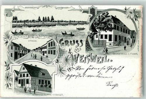 79367 W7831 Weisweil , Breisgau 1900 Lithographie Geschäftshaus Klipfel-Henninger Geschäftshaus C. F. Haag Ruderboote