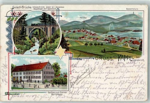 79853 W7825 Kappel , Hochschwarzw 1904 Lithographie Gutach Brücke Pavillon Aussichtsturm Gasthaus Zum Sternen Martin Glatz
