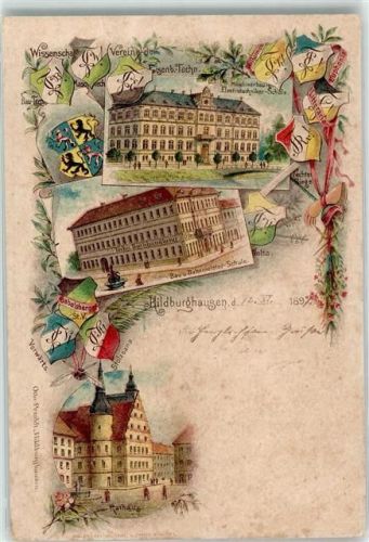Hildburghausen 1897 Studentenwappen Eisenb. Techn. Maschinenbau Elektrotechniker-Schule Bau- und Bahnmeister-Schule Rathaus