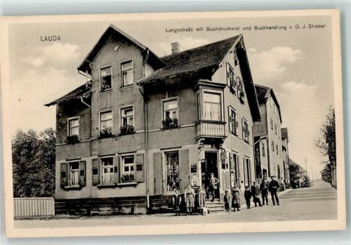 97922 W6970 Lauda - Langestraße mit Buchdruckerei Buchhandlung G. J. Stieber Emailleschild