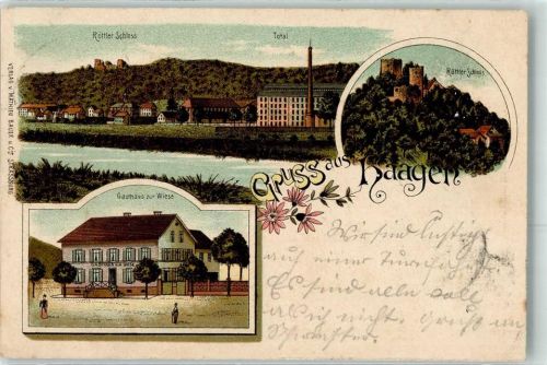 79539 W7850 Haagen , Baden 1899 Lithographie Röttler Schloss Gasthaus Zur Wiese Bahnpost Basel - Zell im Wiesenthal Zug 524