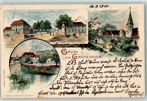 Grötzingen 1900 Marktplatz Kriegerdenkmal Augustenburg Gasthaus Zur Kanne Grossh. Obstbauschule