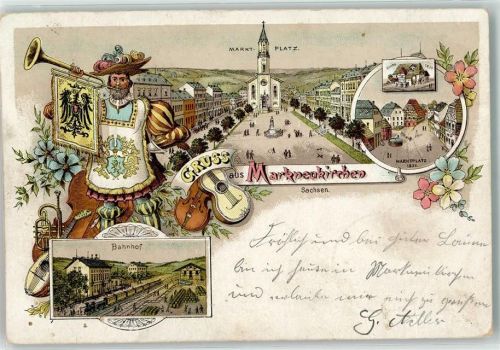 08258 O9659 Markneukirchen 1901 Lithographie Marktplatz Bahnhof Eisenbahn Bläser Geige Gitarre